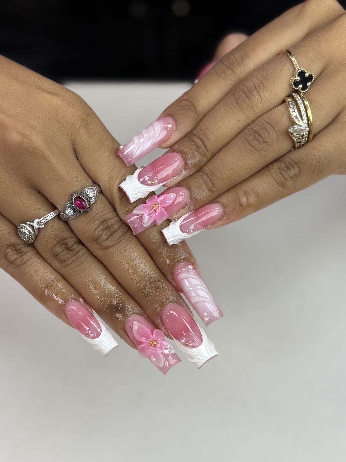 Pink chrome coffin set with 3D hand-painted flowers